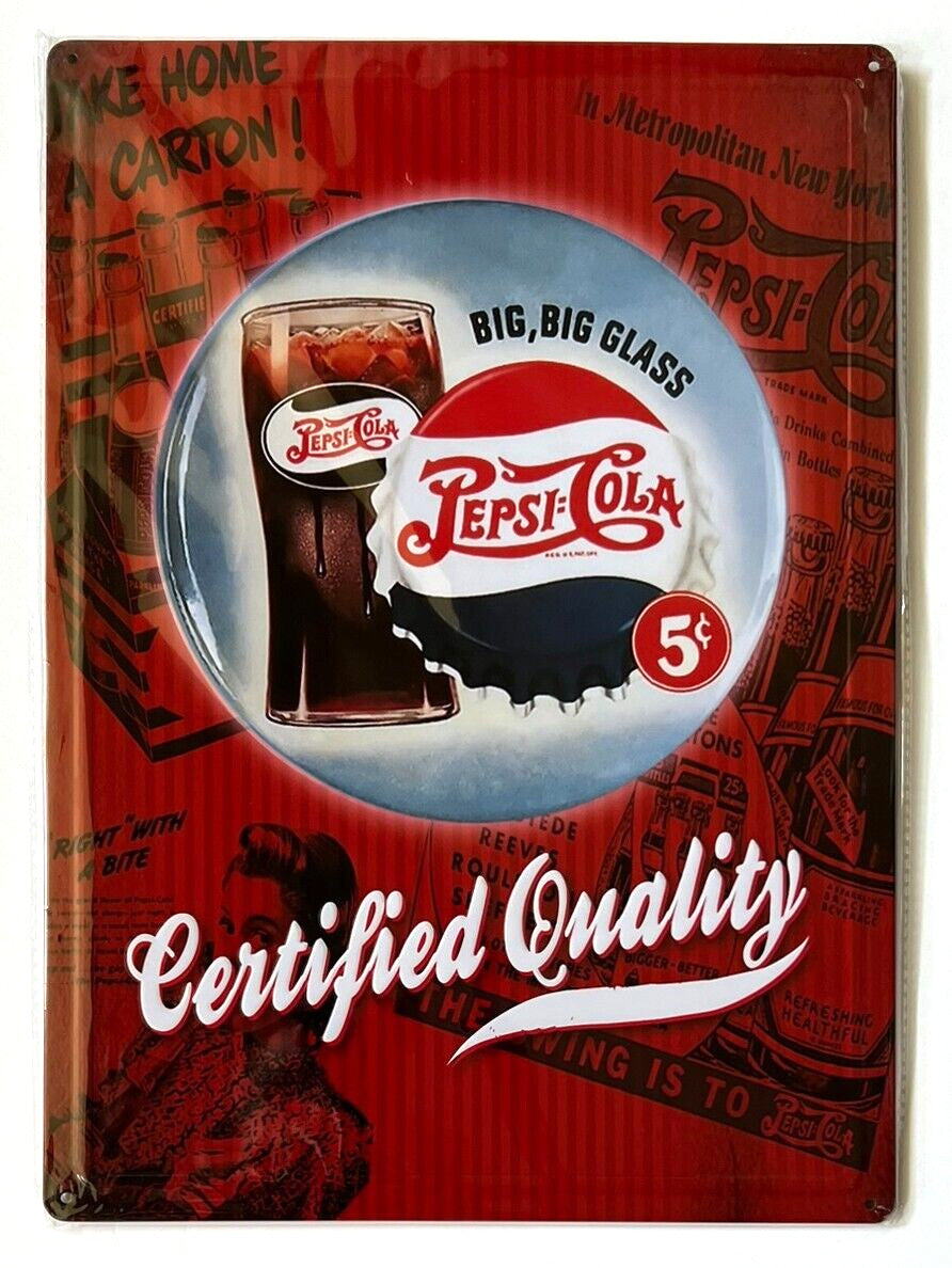Pepsi-Cola Certified Quality 5 Cents Novelty Hem Wrapped Embossed Sign 17" x 12" Sports Decor Country Side Products